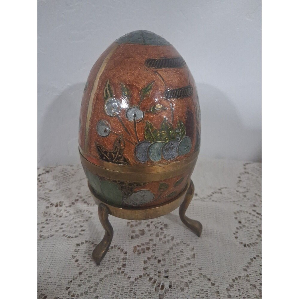 Vintage Enameled Cloisonné Brass Egg On Stand Trinket Box Made in India